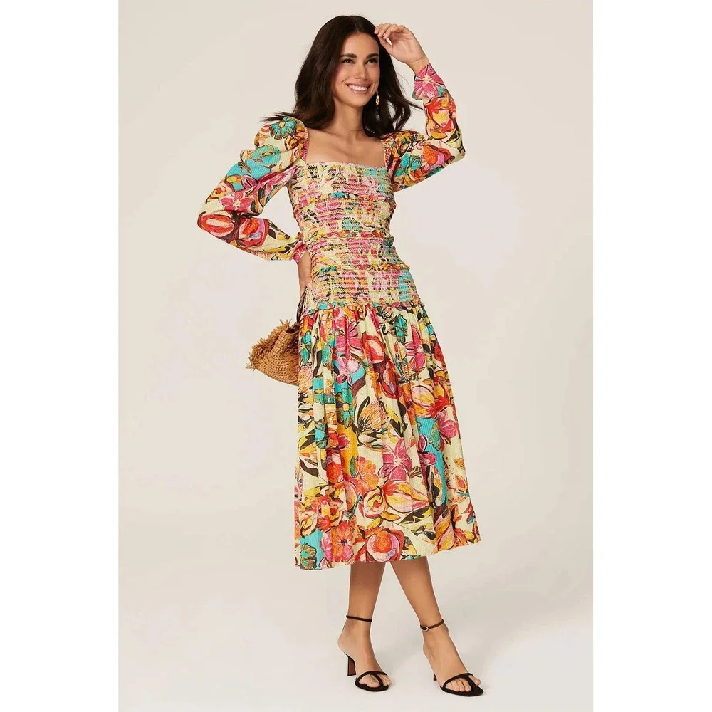 Hemant and Nandita Floral Smocked‎ Midi Dress XL Multicolor Cotton Long Sleeve